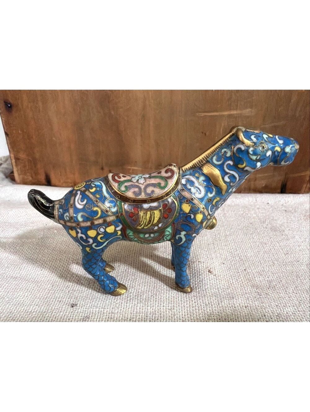 VTG Chinese Cloisonne Blue War Horse Miniature Figurine Tang Style Brass 3” Tall